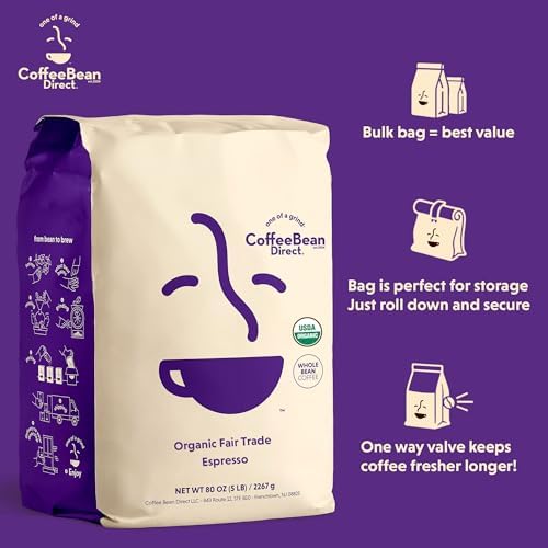 Coffee Bean Direct Organic Fair Trade Espresso, Whole Bean Coffee, Arabica Blend, Dark Roast, 5 Pound Bag (Pack of 1)