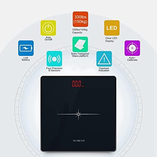 NUTRI FIT Digital Scale for Body Weight, Precision Bathroom Weighing Scale Step-On Technology High Capacity - 330 lb, LED Display with High Precision Measurements, Black