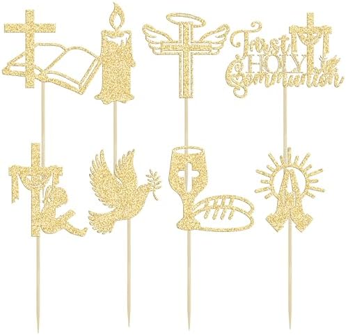 Ephlyn 32Pcs First Holy Communion Cupcake Toppers Glitter Dove Cross God Bless and Baptism Cupcake Picks First Communion Theme Baby Shower Birthday Party Cake Decorations Supplies Gold