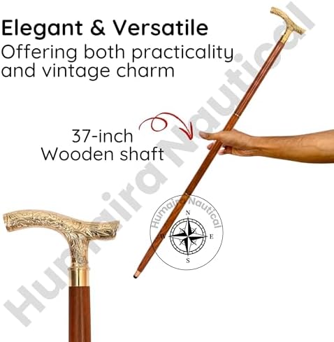 Vintage Brass Walking Stick – Handmade Wooden Cane with Solid Brass Handle – Antique Style Collectible Walking Cane for Men, Women & Seniors – Unique Gift Idea