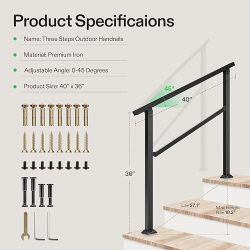VIVOSUN Outdoor Handrail, 3 Step Stair Handrail, 40" x 36" Fits 1 to 3 Steps, Wrought Mattle Iron Handrail for Concrete Steps, Porch Steps, One-Step Assembly, Black