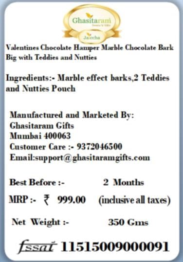 Ghasitaram Gifts Valentines Gift Valentines Day Chocolates for Girlfriend/Boyfriend/Husband and Wife Valentines Chocolate Hamper Marble Chocolate Bark Big with Teddies and Nutties