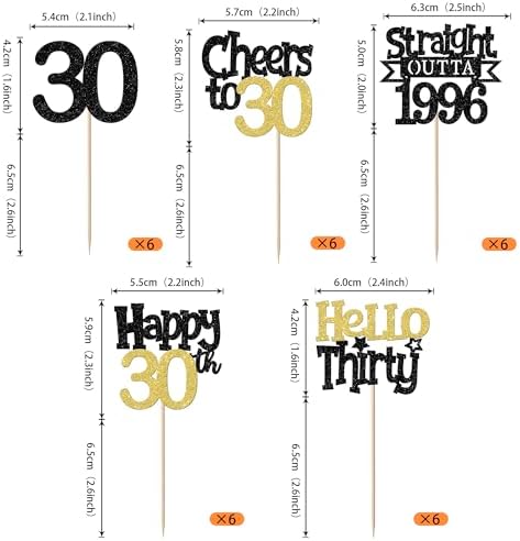 30PCS Happy 30th Birthday Cupcake Toppers Hello 30 Straight Outta 1996 Cupcake Picks Thirty Cheers to 30 Years Cake Decorations for 30th Birthday Anniversary Party Decorations Supplies Black Gold