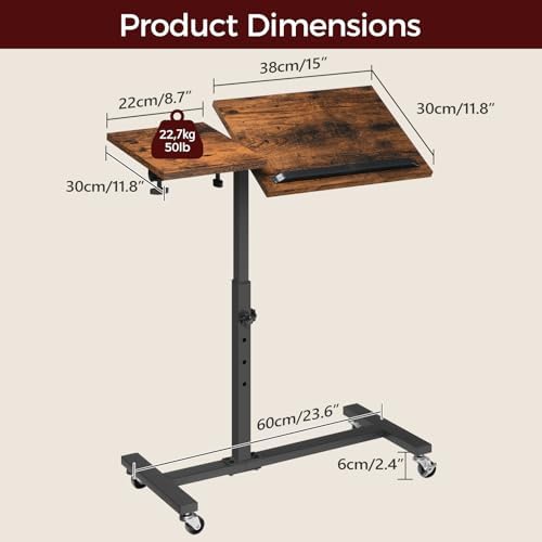 MAHANCRIS Overbed Table with Wheels, Height Adjustable Overbed Bedside Table, Tilting Desktop Mobile Standing Desk, C-Shaped Side Table for Livingroom or Bedroom, Rustic Brown and Black ETHR6801