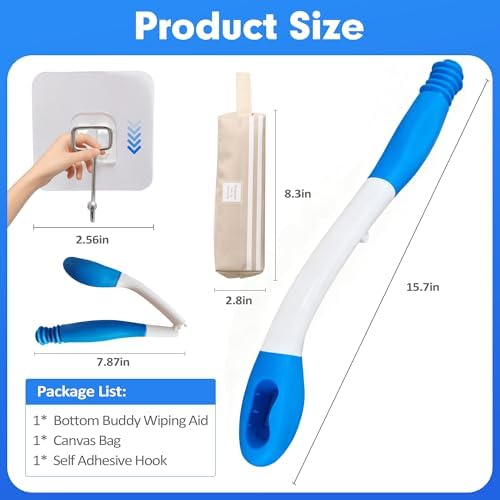 Foldable Bottom Buddy Wiping Aid with Storage Bag & Hook, 15.7" Long Reach Butt Wiper Toilet Aids for Wiping Bottom, Toilet Assistance for Elderly, Disabled, Overweight, Wiping Aids for Toileting