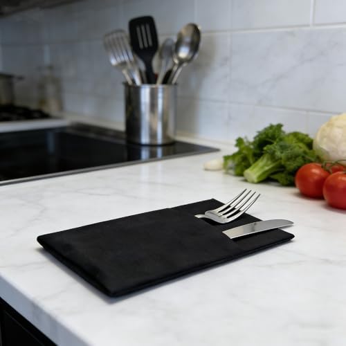 50 Pack, Airlaid Black Napkins, Linen-Feel Black Paper Napkins, Cloth Like Dinner Napkins with Built-in Flatware Pocket, Pre-Folded Absorbent Disposable Paper Hand Towels for Kitchen, Party