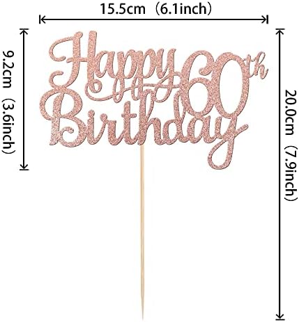 1 PCS Happy 60th Birthday Cake Topper Glitter Cheers to 60 Years Birthday Cake Pick 60 Fabulous Cake Decoration for Happy 60th Birthday Anniversary Party Decorations Supplies Rose Gold