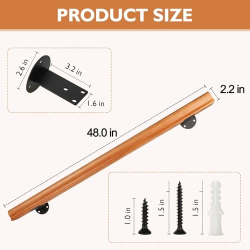 4FT Solid Wood Stair Handrail for Indoor Stairs, Outdoors Stair Railings, Sturdy Wall Mounted Non-Slip Safety Design, Elderly-Friendly & Child-Safe, with Banister Hardware and Brackets