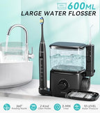 Professional Water Flosser & Electric Toothbrush Combo, 600ML Home Use Oral Irrigator for 10 Adjustable Water Pressure, 2 Cleaning Modes, 1+1 Brushing & Flossing for Complete Oral Care