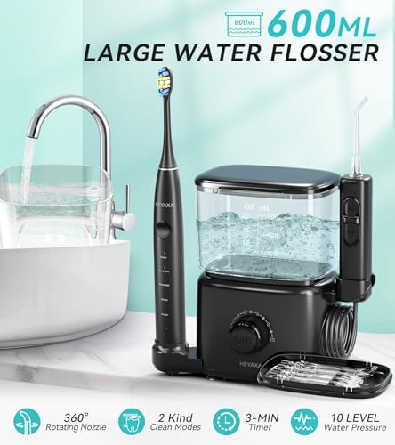 Professional Water Flosser & Electric Toothbrush Combo, 600ML Home Use Oral Irrigator for 10 Adjustable Water Pressure, 2 Cleaning Modes, 1+1 Brushing & Flossing for Complete Oral Care