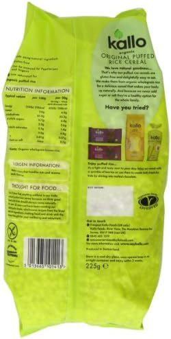 Kallo Organic Natural Puffed Rice Wholegrain Cereal 225 G (pack Of 4)