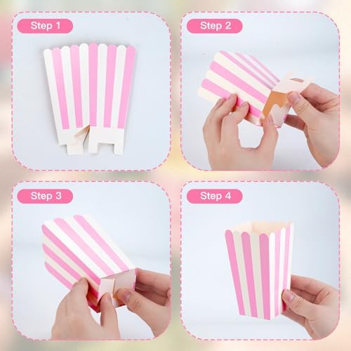24 Pcs Paper Popcorn Boxes, Pink and White Striped - Mini Paper Popcorn and Candy Containers, Decorative Containers for Movie Nights, Party Favors, and Carnival Themed Events