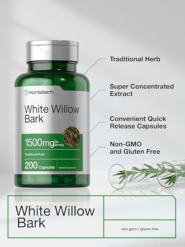 Horbäach White Willow Bark Capsules | 200 Pills | Max Strength | Non-GMO, Gluten Free Herb Extract