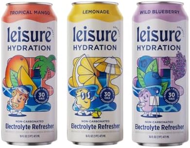 Leisure Hydration Non-Carbonated Electrolyte Refresher, Variety Pack - Low Sugar Nutrient Enhanced Water Beverage - Get The Best Hydration Packed w/ Magnesium & Ashwagandha For Mood & Stress Support, Non-GMO, 16 oz (12-Cans)