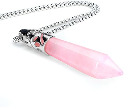 BEADNOVA Healing Crystal Necklace for Women Men Natural Rose Quartz Crystal Pendant Energy Healing Gemstones Jewelry Pendulum Crystal Divination (Hexagonal, 18 Inches Stainless Steel Chain)