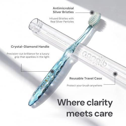 Nano-b Manual Toothbrush for Adults with Sensitive Gums, Silver Soft/Medium Bristles, Travel Case, Crystal