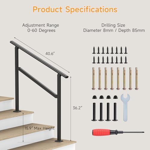 Hand Rails for Outdoor Steps, 2-5 Steps Wrought Iron Handrails for Outdoor Steps, Stair Railing for Porch, Home, Garden, Indoor, Staircase Handrails for Wooden, Cement, Brick, Marble (3 Steps)
