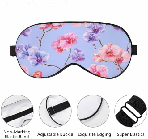 Purple Pink Orchid Flowers Sleep Eye Mask Bright Blue Floral Watercolor Men Women Sleep Mask with Adjustable Strap Eye Cover Eye Shade for Travel, Nap,Meditation