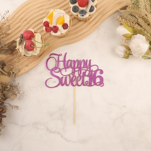 Happy Sweet 16 Cake Topper - Glitter Purple 16th Birthday Cake Decorations, Sixteen Year Old Cake Smash Decor, Happy Sweet 16 Sign Cake Top Photo Booth Props (Purple), S16-all