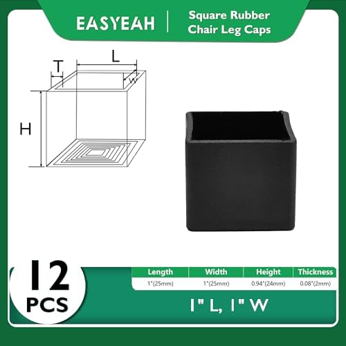 EASYEAH 1" (25mm) Square Chair Leg Floor Protectors, Black Rubber Chair Leg Caps, Non-Slip Patio Furniture Feet Cap, PVC Chair Feet Covers for Hardwood Floors, Tables & Patio Furniture, 12pcs