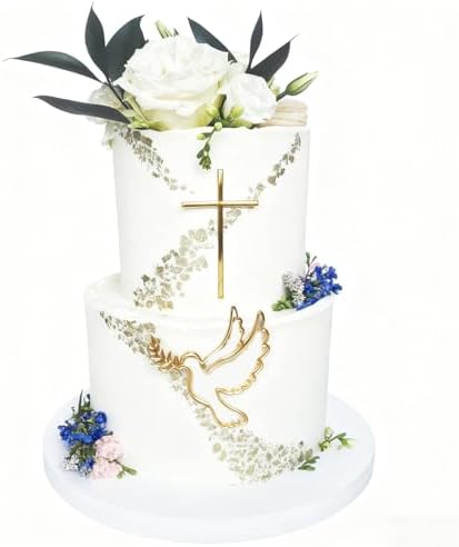 Gold Religious Cake Topper Set, 2 Piece Acrylic Cross Peace Dove Cake Side Decoration for Christening Baptism Communion Holy Theme Cake Charm Party Supplies