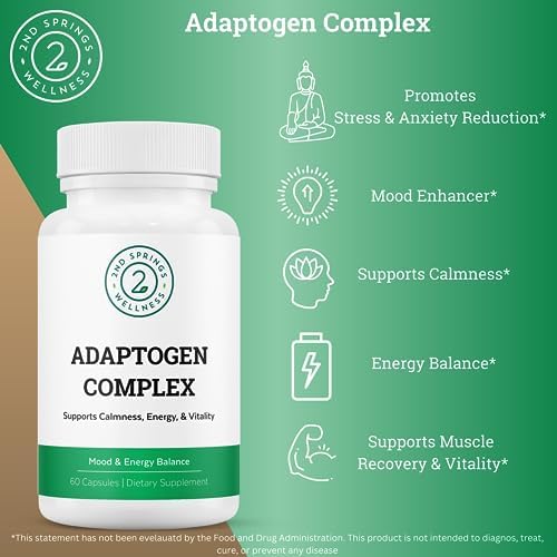 Adaptogen Complex Calmness, Energy and Vitality Booster - Ashwagandha, Schisandra, Astragalus, Ginseng, Rhodiola, and More - Adrenal Support Supplements - 60 Ct