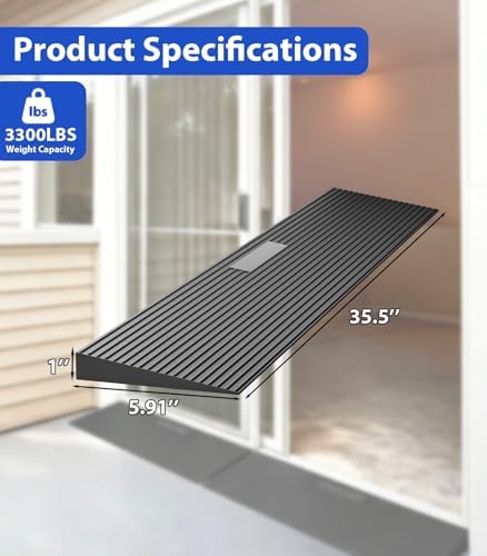 1" Rise Threshold Ramp for Doorways, 35.5" Wide Rubber Ramp for Wheelchairs, Walkers & Scooters, Cut-to-Fit Angled Entry Mat Ramp for Safer Home Access for Seniors & Kids