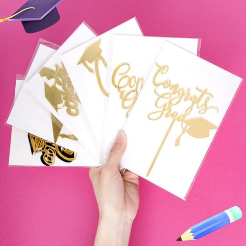 6Pcs Gold Acrylic Graduation Cake Toppers - Congrats Graduate Cake Decor - We Are Proud of You Theme Party Supplies