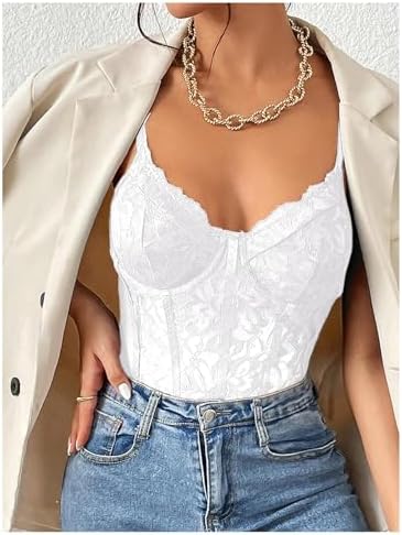 Milumia Women's Sexy Sheer Mesh Lace Bodysuit Spaghetti Strap Bustier Corset Tops Rave Party Club