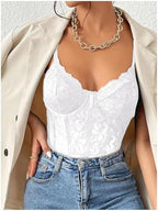 Milumia Women's Sexy Sheer Mesh Lace Bodysuit Spaghetti Strap Bustier Corset Tops Rave Party Club