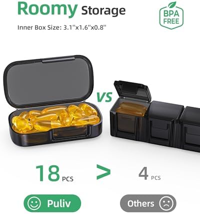 PULIV Weekly Pill Organizer with Large Capacity, Dual Protection Pill Box 7 Day, Arthritis Friendly Pill Case Easy to Open, Medicine Organizer for Vitamins, Medications, Fish Oils, Supplements (Black)