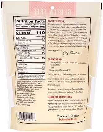 Bob's Red Mill Gluten Free Cornbread Mix, 20oz (Pack of 4) - Gluten Free, Kosher, Package makes one 9”x9” Pan or 12 Muffins - Moist, Light Texture