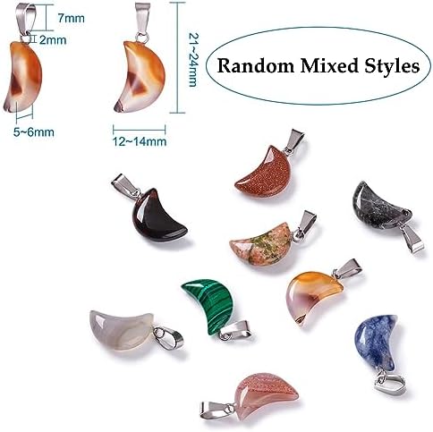 FASHEWELRY 50Pcs Crescent Moon Shaped Stone Pendants Assorted Gemstone Mixed Necklace Charms Tiny Healing Crystal Quartz Chakra Reiki Gemstone Charms for Necklace Jewelry Making Hole: 2x7mm