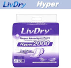 LivDry High Absorbency Pad Insert for Incontinence Briefs and Adult Diapers, Women and Men, Hyper 2000 (20 Count)