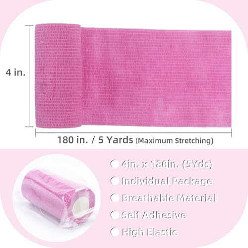 IndigoCase 6 Rolls Self Adhesive Bandage Wrap 4 Inch, Pink Color Elastic Athletic Tape, Vet Wrap, Wrist Tape, Large Bandage for Horses, Knuckle, Knee, Pets