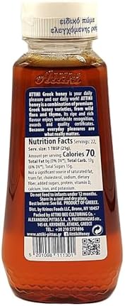 Attiki Pure Greek Honey with Thyme, Wild Flowers and Herbs, Perfect for Baking, Cooking, Lemonade and Tea, 16.58 oz (470 grams), Bottle