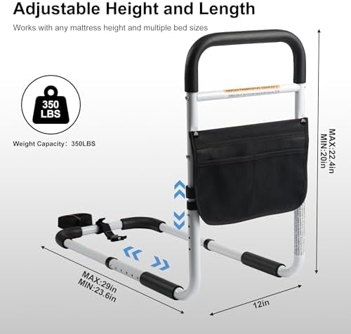 Panta Bed Rails for Elderly Adults, Adjustable Bed Assist Bar for Seniors, Medical Bed Safety Rail with Storage Bag and Fixing Strap, Portable Bed Cane Fit King, Queen, Full, Twin, Medium, Black