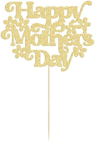 1Pcs Happy Mother's Day Cake Topper Glitter Best Mom Ever Cake Picks Flower Mom Cake Decorations for Happy Mother's Day Birthday Party Cake Decorations Supplies Gold