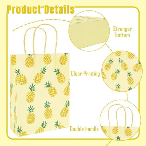 JarThenaAMCS 24Pcs Pineapple Paper Gift Bags Hawaiian Summer Fruit Candy Goodie Treat Bags with Handles Reusable Yellow Grocery Shopping Bag for Luau Birthday Party Supplies