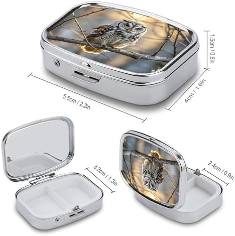 Owl on A Branch Pill Case Portable Medicine Organizer Compact Travel Pill Box Small Metal Medicine Box for Purse Pocket Pill Container Holder 2 Compartments Medication Holder