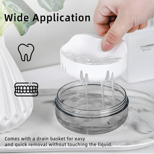 Leak Proof Denture Cup Kit Portable Retainer Case Perfect for Travel, Denture Case Container Cleaning Care for Dentures Aligner Mouth Guard with Denture Brush,Strainer, Removal Tool and Mirror