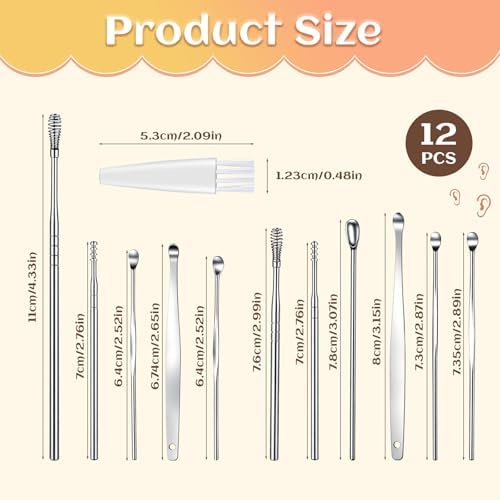12 Pcs/2 Sets Ear Pick Earwax Removal Kit, Stainless Steel Ear Cleaning Tool Cleaner Curette Ears Wax Removal Kit Ears Scraper Set with Plastic Storage Box and Cleaning Brush for Adults (Sliver)