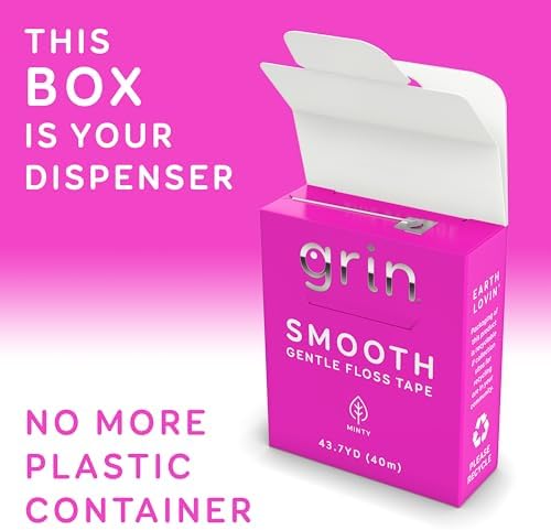GRIN Smooth Floss Box, Gentle Floss Tape, 43.7 Yards (40M), Minty Flavor, Recyclable Packaging, 132 Feet of Gentle Floss Tape, No More Plastic Container, No Shredding or Breaking