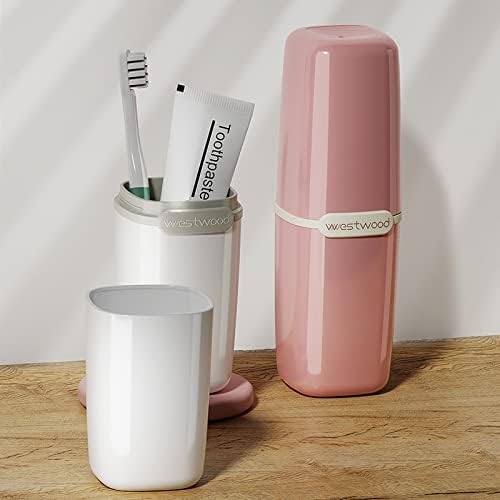 HyJeryty Pink Toothbrush Travel Case, Portable Travel Toothbrush & Toothpaste Holder Cover Organizer Container with Mouthwash Cup for School, Camping, Business Trip, Bathroom Storage