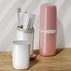 HyJeryty Pink Toothbrush Travel Case, Portable Travel Toothbrush & Toothpaste Holder Cover Organizer Container with Mouthwash Cup for School, Camping, Business Trip, Bathroom Storage