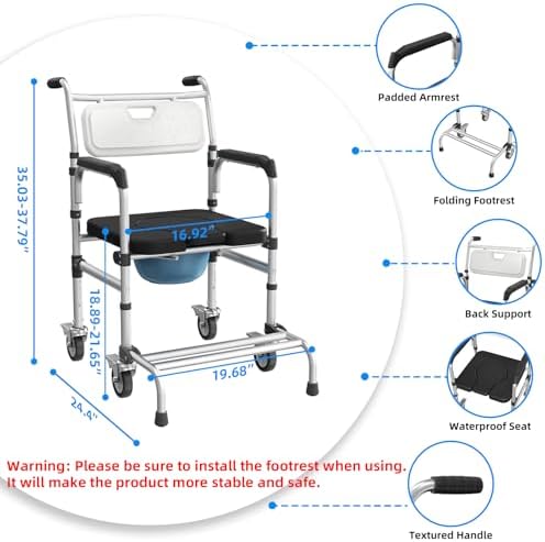 4 in 1 Rolling Bedside Commode Chair with Wheels for Elderly, Shower Chair with Handles, Adjustable Height Raised Toilet Seat for Seniors,Disabled and Pregnant Holds Up to 350 lbs (Black)