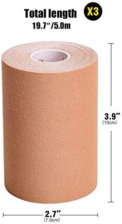 3 Pack Kinesiology Tape, 4in x 5.5yd Water Resistant Muscle Support Adhesive Sport Tape for Pain Relief, Latex Free Cotton Elastic Athletic Tape for Joints, Knee, Ankle, Shoulder, Wrist