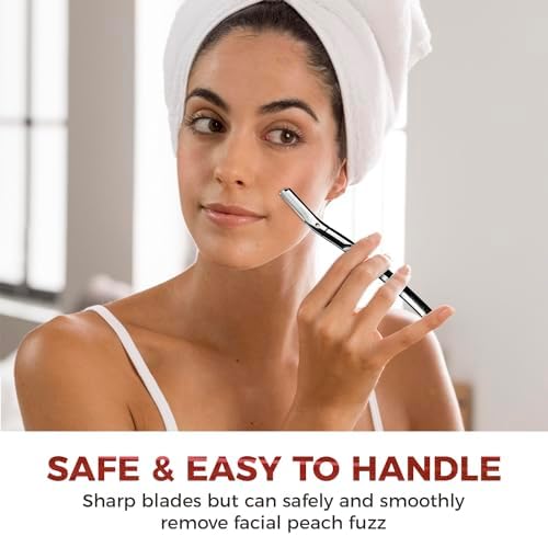 ZOMCHI Eyebrow Razor and Face Razor for Women and Men, Reusable Metal Handle with 11 Refill Blades, Dermaplane Razor with Protective Silicone Cap, Eyebrow Hair Trimmer - Polished Silver