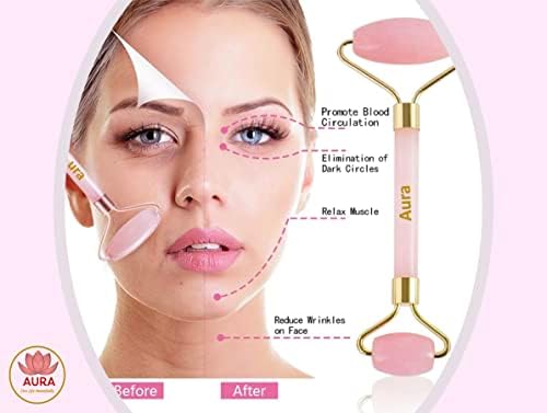 Premium Certified Luxury 100% Authentic Rose Quartz Pink Roller & Gua Sha Set for Anti-Aging Skin Care, Muscle Relaxation, Fine Line Reduction, and Eye Puffiness Relief