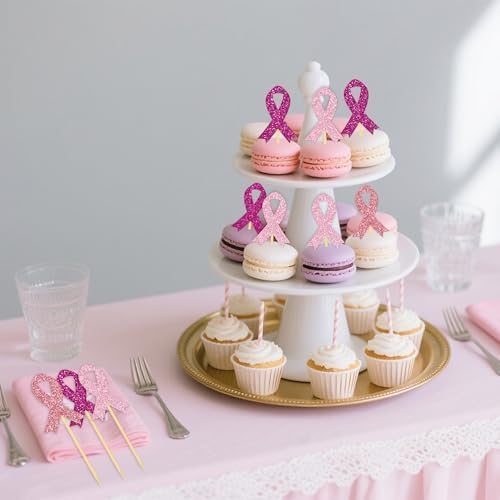 24 Pcs Glitter Pink Breast Cancer Awareness Ribbon Cupcake Toppers, Fight Hope Believe Breast Cancer Party Cupcake Picks for Cake Decoration Supplies
